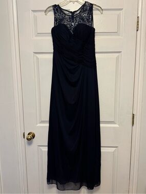 Navy Lace Yoke Evening Gown